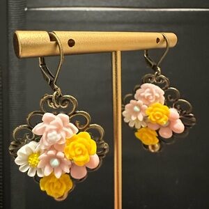 New Vintage-style Floral Yellow and Pink Earrings